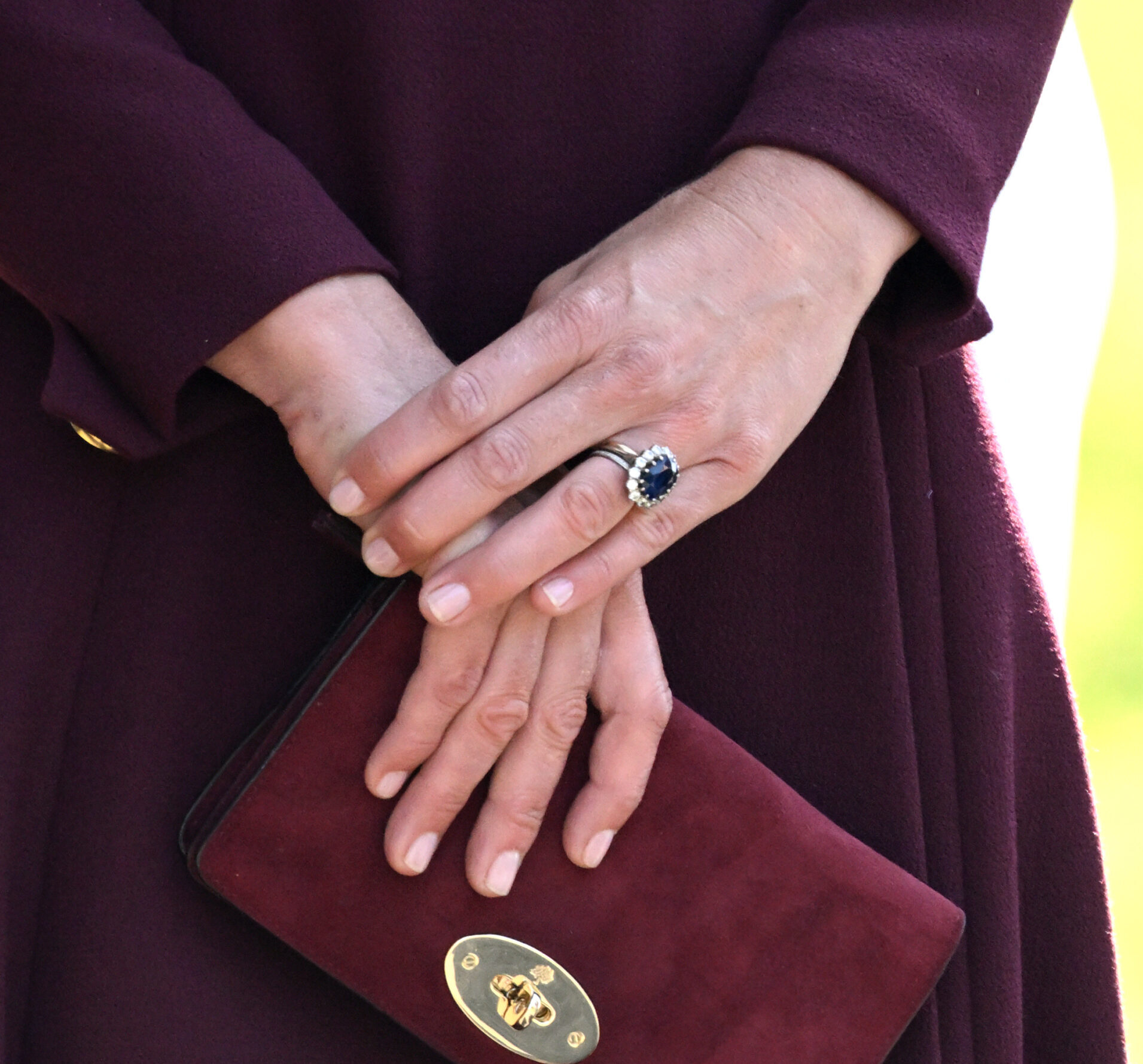 The Prince And Princess Of Wales Commemorate The Life Of Queen Elizabeth II ST DAVIDS, WALES - SEPTEMBER 08: Catherine, Princess of Wales, bag detail, visits St Davids Cathedral for a service to commemorate the first anniversary of the death of Queen Elizabeth II, on September 08, 2023 in St Davids, United Kingdom. Queen Elizabeth II passed away at Balmoral Castle, her private Scottish residence, on September 8th 2022. This brought to an end her 70-year reign, the longest of a British monarch. Her funeral was held at Westminster Abbey on 19 September and she is buried in St George's Chapel at Windsor Castle. (Photo by Karwai Tang/WireImage)