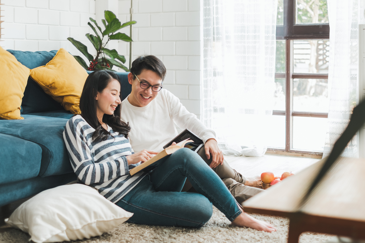 Lifestyle Asian couple man and woman talking working spend time together at home, Asian couple family lifestyle concept Lifestyle Asian couple man and woman talking working spend time together at home, Asian couple family lifestyle concept